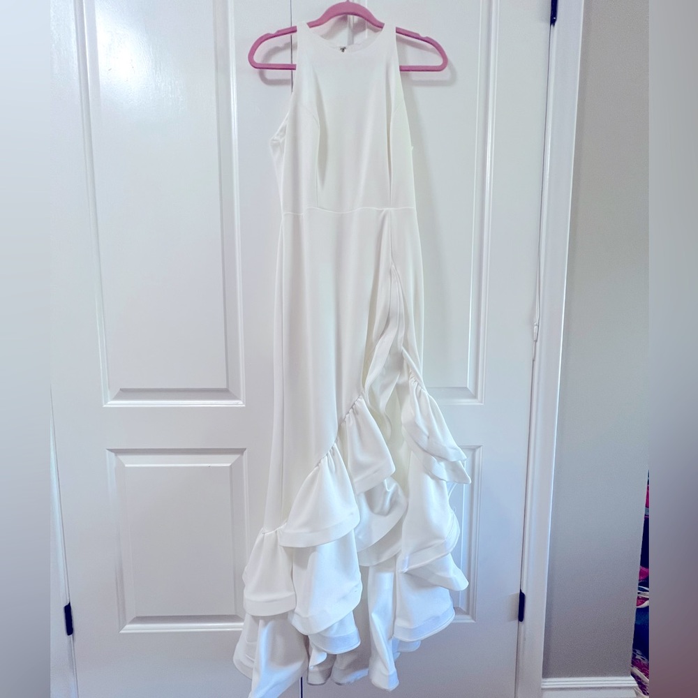 Betsy & Adam White Gown with ruffle and side split, size 10